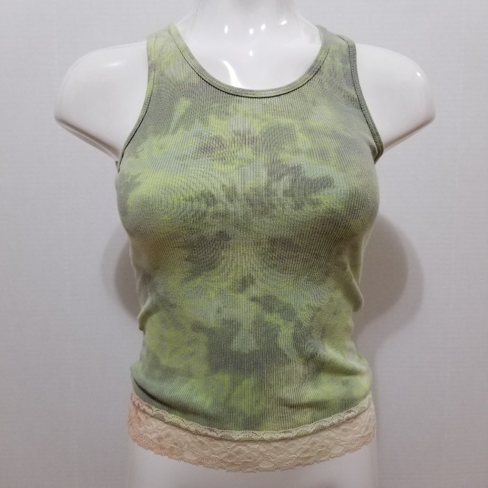 Tag Rag top Small tie dye sleeveless ribbed tank floral lace trim Y2K VINTAGE